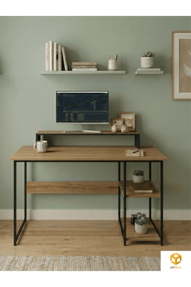 AYZ Raflı Çalışma Masası Bilgisayar Masası Laptop Masası Öğrenci Ders Ofis Home Office Metal Ayaklı Geniş Kitaplıklı Vienna 60x120 cm Siyah- Çam ürün görseli 1