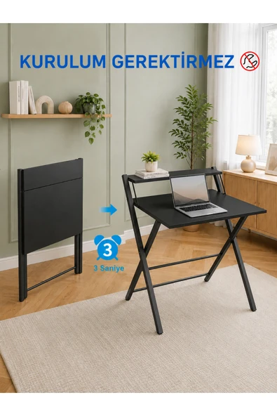 AYZ Bodo Metal Ayaklı Laptop Masası Katlanır Çalışma Masası Raflı Masa Katlanır Laptop Sehpası Siyah Siyah ürün görseli 1