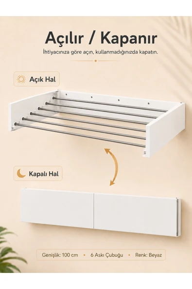 AYZ Belize 100 cm Design Kurutmalık Çamaşır Askısı Duvara Monte Katlanabilir Çamaşırlık Beyaz ürün görseli 1