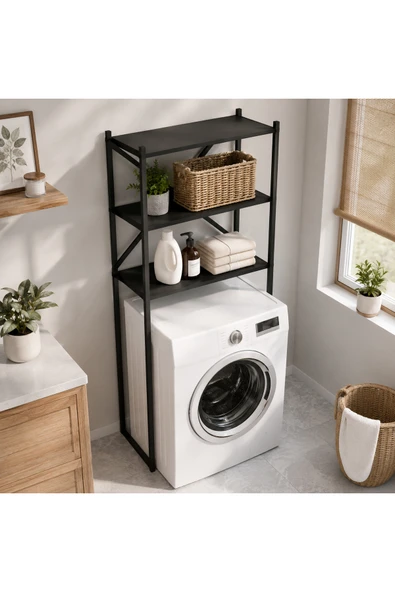 AYZ Çamaşır Makinesi Üstü Düzenleyici Raf Banyo Rafı Mutfak Rafı Deterjanlık Havlu Rafı Kiler Erzak Çok Amaçlı Metal Organizer Braga Siyah Siyah ürün görseli 1