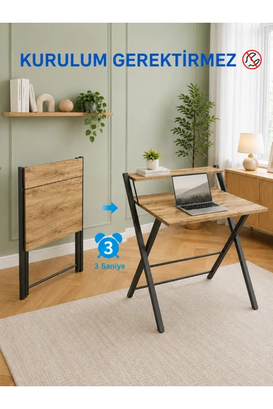 AYZ Bodo Metal Ayaklı Laptop Masası Katlanır Çalışma Masası Raflı Masa Katlanır Laptop Sehpası Çam Siyah ürün görseli 1