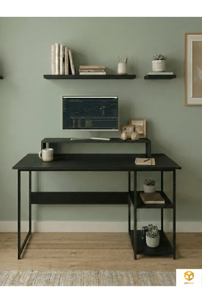 AYZ Raflı Çalışma Masası Bilgisayar Masası Laptop Masası Öğrenci Ders Ofis Home Office Metal Ayaklı Geniş Kitaplıklı Vienna 60x120 cm Siyah- Siyah ürün görseli 1