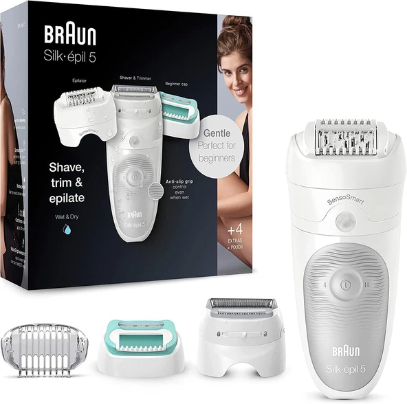 Braun Silk-épil 5 epilasyon / tüy çıkarıcı için kadın epilatörü, tıraş makinesi için aparatlar, vücut için düzelticiler ve masaj, çanta, 5-625, beyaz/gri ürün görseli 1