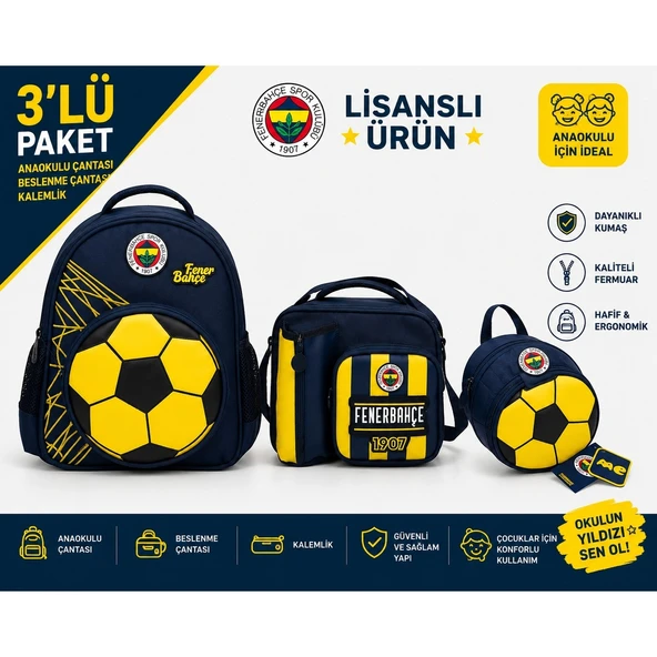 Fenerbahçe Lisanslı 3D Suni Deri Detaylı Okul Çantası 26784+ Kalemlik 26787+ Beslenme Çantası 26760 ürün görseli 1
