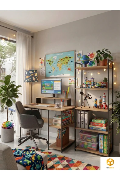 AYZ Kitaplıklı Çalışma Masası Seti 5 Raflı Kitaplık Bilgisayar Masası Laptop Masası Ofis Öğrenci Ders Masası Monitör Standlı Ekran Yükselticili Vien Siyah Çam ürün görseli 1