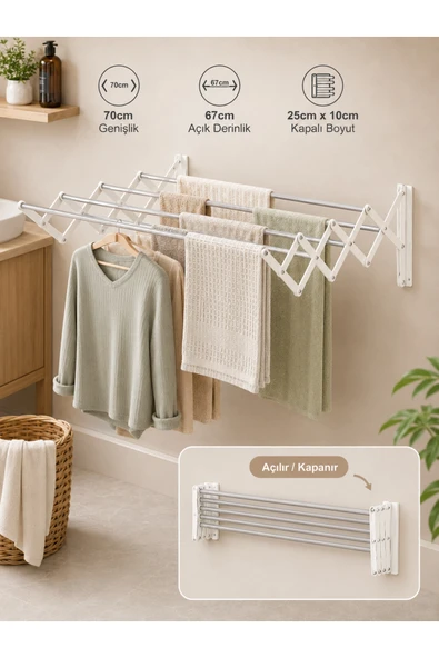 AYZ Akordiyon 70cm Çamaşır Kurutma Askısı Duvara Monte Katlanabilir Kurutmalık Banyo Balkon Beyaz ürün görseli 1