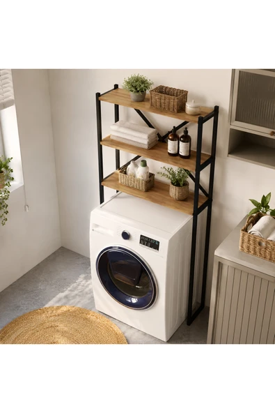 AYZ Braga Metal 3 Çamaşır Makinesi Üstü Düzenleyici Raf Beyaz Banyo Düzenleyici Dolap Siyah Atlantik Çam ürün görseli 1