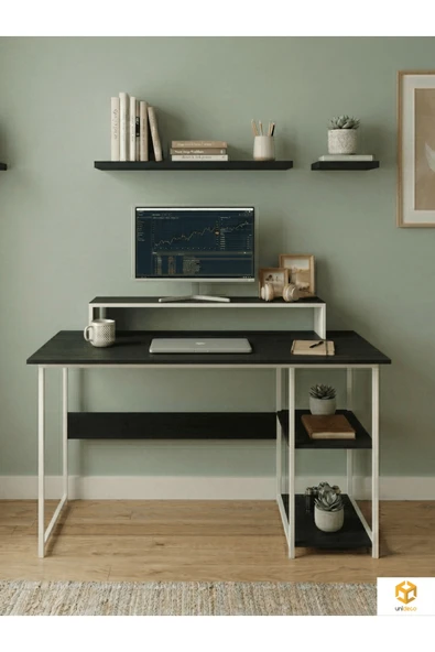 AYZ Raflı Çalışma Masası Bilgisayar Masası Laptop Masası Öğrenci Ders Ofis Home Office Metal Ayaklı Geniş Kitaplıklı Vienna 60x120 cm Beyaz-Siyah ürün görseli 1