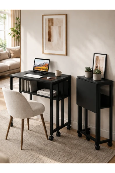 AYZ Sidney Kitaplık Raflı Katlanır Masa 70cm Tekerli Bilgisayar Masası Laptop Masası Siyah Siyah ürün görseli 1