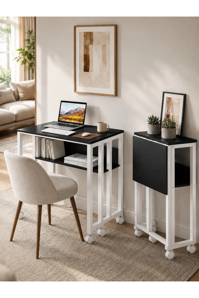 AYZ Tekerlekli Çalışma Masası Raflı Laptop Masası Bilgisayar Masası Kitaplıklı Katlanır Öğrenci Ders Portatif Küçük Masa Sidney Beyaz-Siyah ürün görseli 1