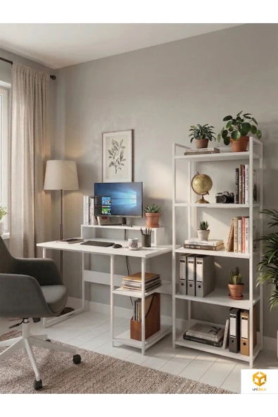 AYZ Kitaplıklı Çalışma Masası Seti 5 Raflı Kitaplık Bilgisayar Masası Laptop Masası Ofis Öğrenci Ders Masası Monitör Standlı Ekran Yükselticili Vien Beyaz Çam ürün görseli 1