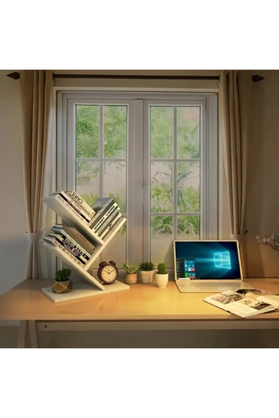 AYZ Ağaç Kitaplık Eğimli Raflı Sağlam Malzeme Modern Masaüstü Kitaplık Ev Ofisi Çalışma Odası Beyaz ürün görseli 1