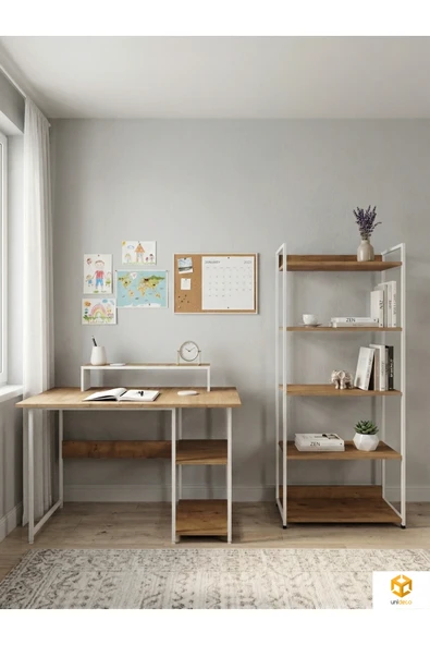 AYZ Kitaplıklı Çalışma Masası Seti 5 Raflı Kitaplık Bilgisayar Masası Laptop Masası Ofis Öğrenci Ders Masası Monitör Standlı Ekran Yükselticili Vien Beyaz Çam ürün görseli 1