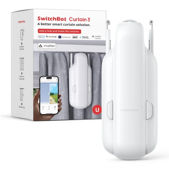U-rail için SwitchBot Akıllı Perde 3: 16 kg çeker, 25 dB sessiz, Bluetooth uygulama kontrolü ve zamanlayıcı. HomeKit, Alexa ve Google Home için akıllı ev çözümü (SwitchBot Hub gereklidir) ürün görseli 1