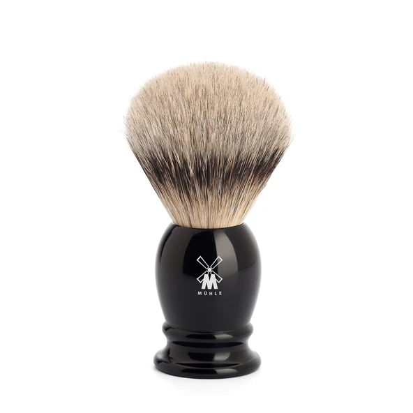 MÜHLE Classic tıraş fırçası - gümüş uçlu porsuk uçlu tıraş fırçası - orta boy - siyah değerli reçineden yapılmış sap - el yapımı ürün görseli 1