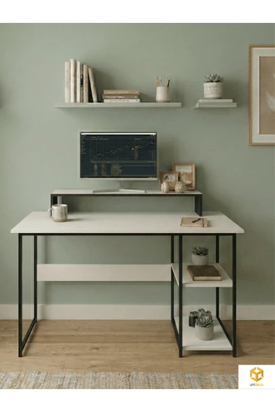 AYZ Raflı Çalışma Masası Bilgisayar Masası Laptop Masası Öğrenci Ders Ofis Home Office Metal Ayaklı Geniş Kitaplıklı Vienna 60x120 cm Siyah-Beyaz ürün görseli 1