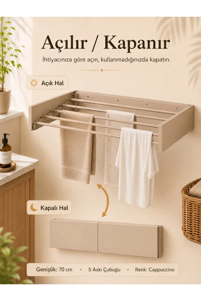 AYZ Belize 70cm Çamaşır Kurutmalık Duvara Monte Iç Ve Dış Mekan Paslanmaz 5 Gözlü Beyaz CAPPUCCINO ürün görseli 1