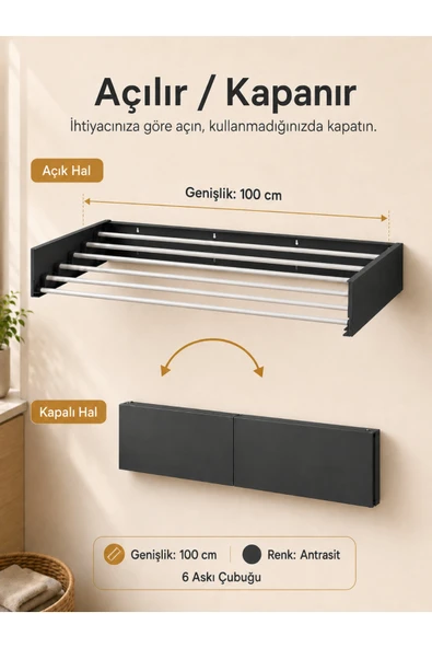 AYZ Belize 100 cm Design Kurutmalık Çamaşır Askısı Duvara Monte Katlanabilir Çamaşırlık Antrasit ürün görseli 1