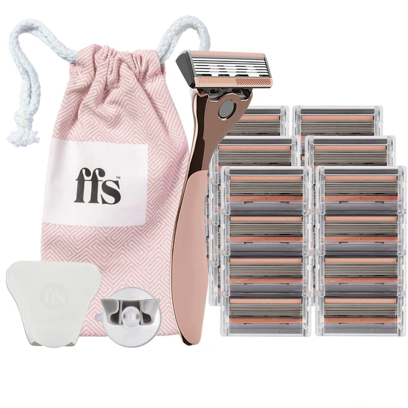 FFS Beauty Rose Kadınlar için Tıraş Seti 9-12 Ay Tedarik - Premium Rose Tıraş Makinesi Sapı, 24 SmoothGlide 6 Bıçaklı Kartuş, Duş Tutucu, Seyahat Çantası, Katlanır Koruma ürün görseli 1