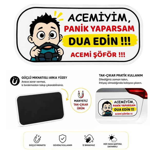 Mega Oto Market Acemi Şoför - Acemi Sürücü Magneti Tak Çıkar Manyetik Araba Bagaj Uyarı Levhası - Acemiyim Panik Yaparsam Dua Edin ürün görseli 1