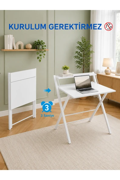AYZ Bodo Metal Ayaklı Laptop Masası Katlanır Çalışma Masası Raflı Masa Katlanır Laptop Sehpası Beyaz Beyaz ürün görseli 1