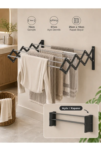 AYZ Akordiyon 70cm Çamaşır Kurutma Askısı Duvara Monte Katlanabilir Kurutmalık Banyo Balkon Antrasit ürün görseli 1