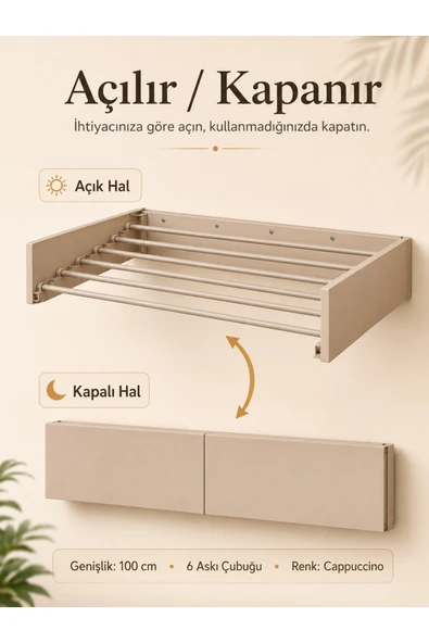 AYZ Belize 100 cm Design Kurutmalık Çamaşır Askısı Duvara Monte Katlanabilir Çamaşırlık Cappucino ürün görseli 1