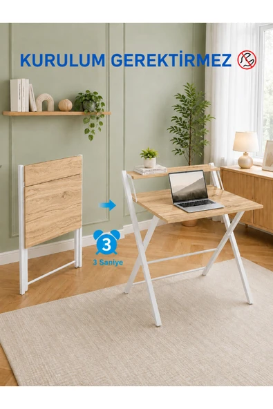 AYZ Bodo Metal Ayaklı Laptop Masası Katlanır Çalışma Masası Raflı Masa Katlanır Laptop Sehpası Beyaz Çam ürün görseli 1