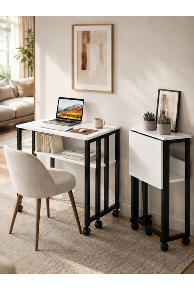 AYZ Tekerlekli Çalışma Masası Raflı Laptop Masası Bilgisayar Masası Kitaplıklı Katlanır Öğrenci Ders Portatif Küçük Masa Sidney Siyah-Beyaz ürün görseli 1