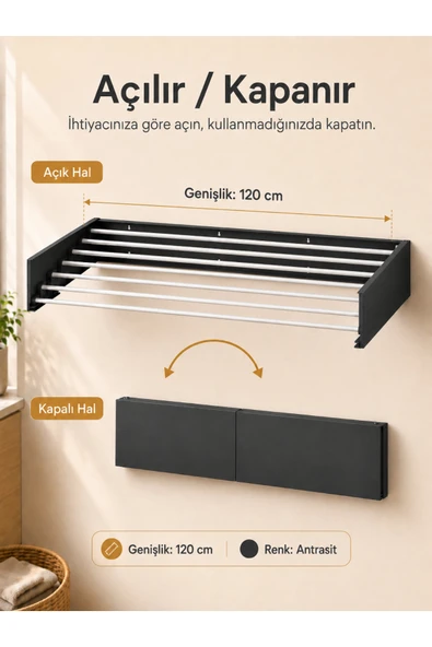Unisoft Çamaşır Kurutma Askısı Katlanır Duvara Monte Balkon Banyo Askılık Duvar Tipi Yer Tasarruflu Çamaşırlık 120 cm Belize Antrasit ürün görseli 1