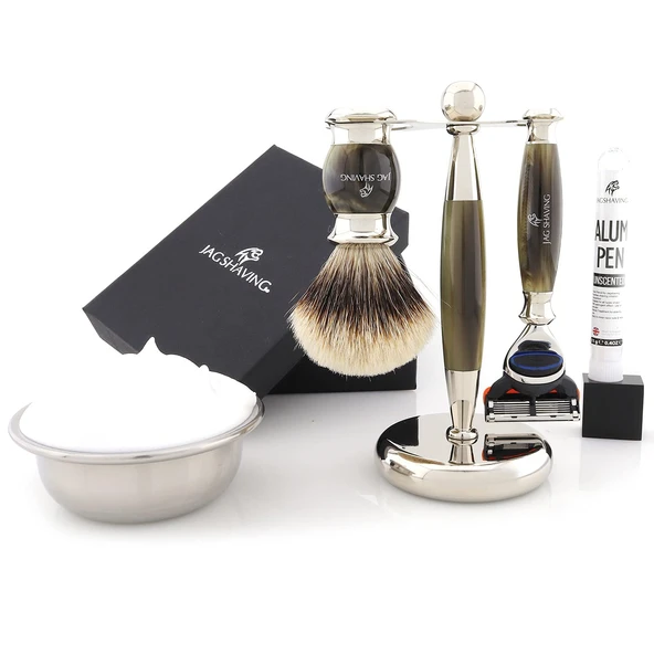 Jag Shaving Tıraş Seti - 3 Parçalı Tıraş Seti - JAG's LEE Serisi - Silvertip Porsuk Saç Tıraş Fırçası - 5 Jiletli Jiletli Jilet - Tıraş Standı - Yeşil Boynuz Taklit Renk ürün görseli 1