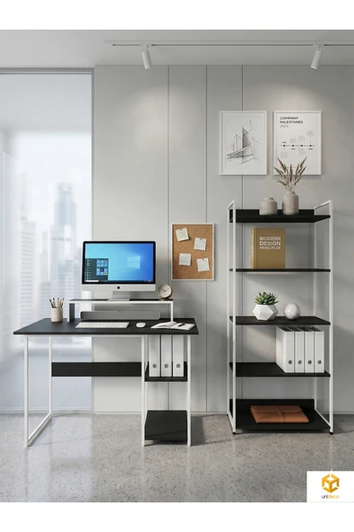 AYZ Kitaplıklı Çalışma Masası Seti 5 Raflı Kitaplık Bilgisayar Masası Laptop Masası Ofis Öğrenci Ders Masası Monitör Standlı Ekran Yükselticili Vien Beyaz Siyah ürün görseli 1