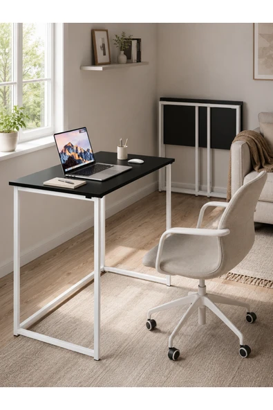AYZ Katlanır Çalışma Masası Katlanabilir Masa Yemek Masası Mutfak Masası Öğrenci Ders Masası Laptop Bilgisayar Portatif Çok Amaçlı Worker Beyaz-Siyah ürün görseli 1