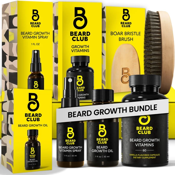 Beard Club Temel Sakal Uzatma Kiti - Büyüme Yağı, Büyüme Vitaminleri, Büyüme Vitamini Spreyi ve Sakal Fırçası ürün görseli 1