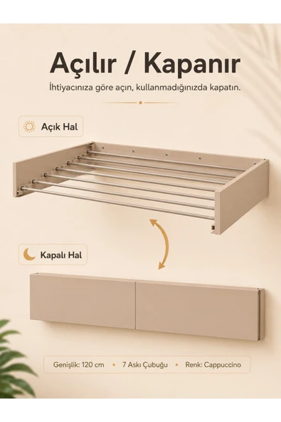 Unisoft Çamaşır Kurutma Askısı Katlanır Duvara Monte Balkon Banyo Askılık Duvar Tipi Yer Tasarruflu Çamaşırlık 120 cm Belize Cappuccino ürün görseli 1