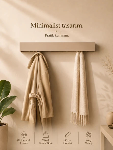 Unisoft Portmanto Metal Duvar Askılığı Elbise Askılığı Vestiyer Askılık Gizli Kancalı Antre Hol Mont Çanta Havlu Askısı Beyaz 80 Cm Berlin ürün görseli 1