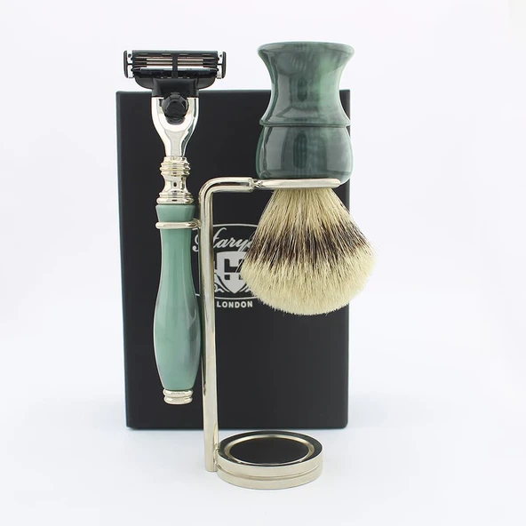 Premium Gümüş Uçlu Porsuk Fırçası Vintage Geleneksel Stil Islak Tıraş Makinesi Seti ve Çift Kenarlı Jiletli Tıraş Makinesi + Çelik Stand Yeni Koleksiyon Sınırlı Tasarım ürün görseli 1