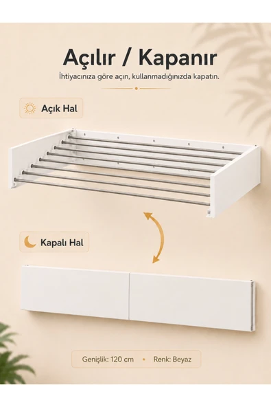 Unisoft Belize 120 cm Çamaşır Kurutma Askısı 7 Gözlü Duvara Monte Çamaşır Askısı 120 cm Beyaz ürün görseli 1
