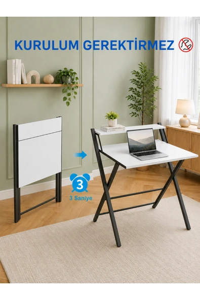 AYZ Bodo Metal Ayaklı Laptop Masası Katlanır Çalışma Masası Raflı Masa Katlanır Laptop Sehpası Siyah Beyaz ürün görseli 1