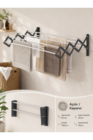 AYZ Akordiyon 100Cm 7 Gözlü Duvara Monte Pratik Çamaşır Katlanabilir Kurturma Askısı Antrasit ürün görseli 1