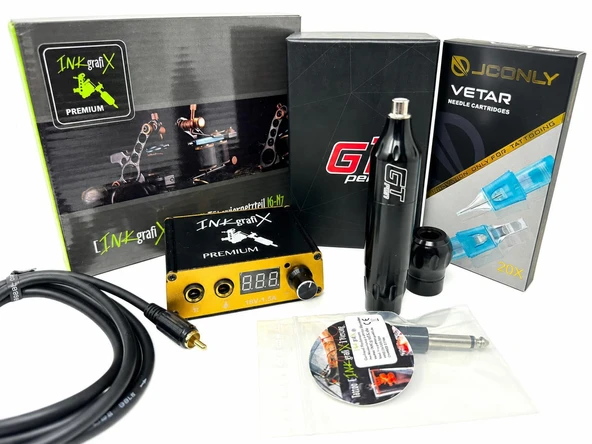 INKgrafiX® Dövme Başlangıç ​​Seti, AVA GT Pen + 10 iğneli güç kaynağı kablosu vb. ile - INKgrafiX® ile hemen başlayın - Dövme Dövme Makinesi Kartuşları Makinesi DE ürün görseli 1