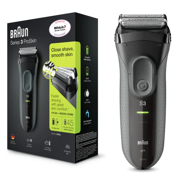 Erkekler için Braun Series 3 ProSkin 3000s Şarj Edilebilir Elektrikli Tıraş Makinesi Islak ve Kuru ürün görseli 1