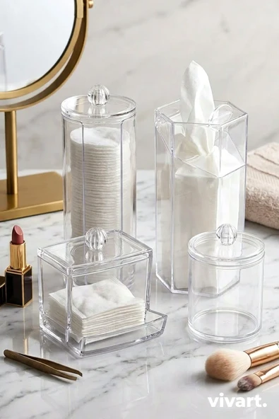 4'lü Set Makyaj Temizleme Düzenleyici Kapaklı Fırçalık Organizer Set Pamukluk Çubuklu Pamukluk ürün görseli 1