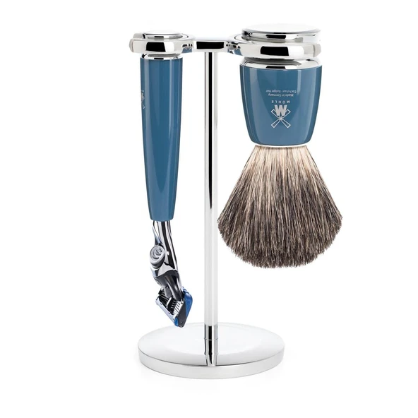MÜHLE Rytmo tıraş seti - Gillette bıçaklarıyla uyumlu tıraş makinesi, tıraş fırçası saf porsuk kılı, tutucu, değerli reçine saplı petrol ürün görseli 1