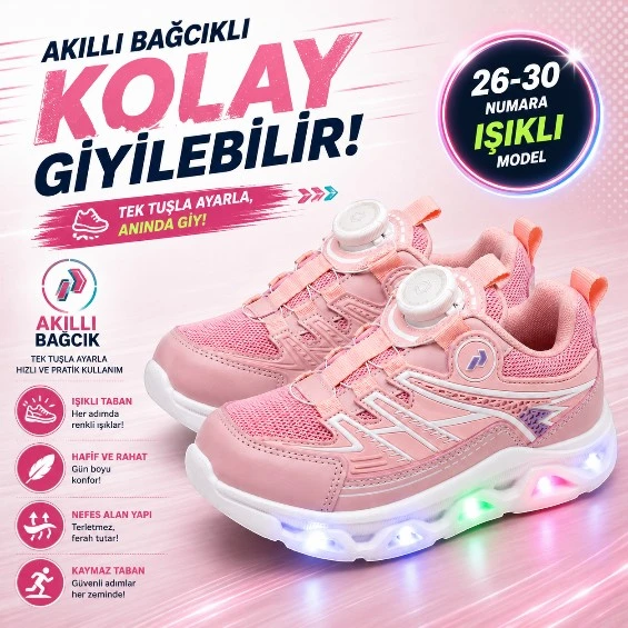 PROMAX AKILLI BAĞCIKLI IŞIKLI ÇOCUK SPOR AYAKKABI PEMBE 26-30 KOLAY GİYİLEBİLİR ürün görseli 1