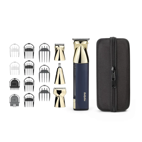 BaByliss Super-X Metal 15'i 1 Arada Hepsi Bir Arada Çoklu Düzeltici, Sakal Düzeltici ve Burun Kılı Düzeltici Dahil Kablosuz Bakım Seti, Su Geçirmez, Erkekler için Hediyeler (Altın/Mavi) ürün görseli 1