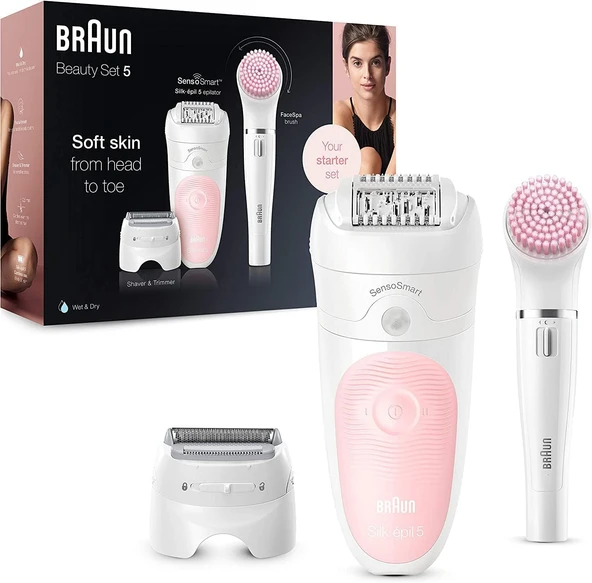 Braun Silk-épil 5 güzellik seti, kadın epilatörü / tüy çıkarıcı, tıraş makinesi aparatları, peeling, yüz ve vücut için temizleme, çanta, 5-895, beyaz/flamingo ürün görseli 1