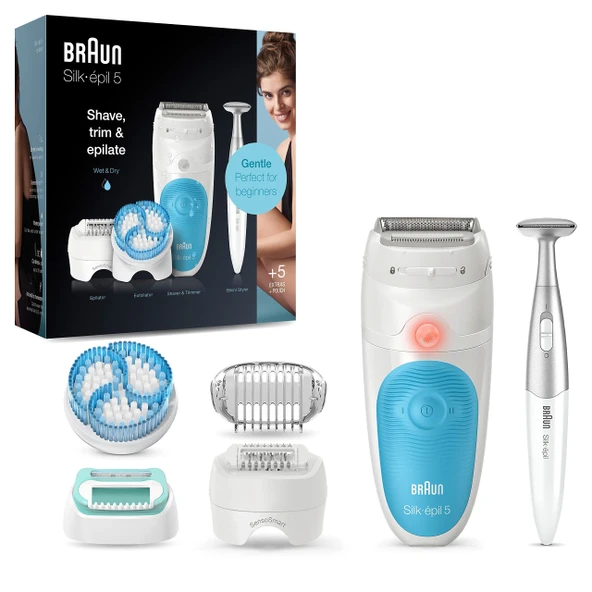 Braun Silk-épil 5 epilasyon / tüy çıkarıcı için kadın epilatörü, bikini düzeltici (saç düzeltici mahrem bölge), vücut için düzeltici ve masaj dahil, 5-815, beyaz/mavi ürün görseli 1