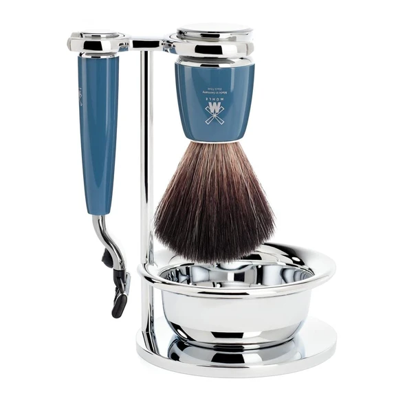 MÜHLE Rytmo tıraş seti - Gillette bıçaklarıyla uyumlu, siyah fiber fırça, hazneli tutucu - değerli reçine sap, petrol - vegan ürün görseli 1