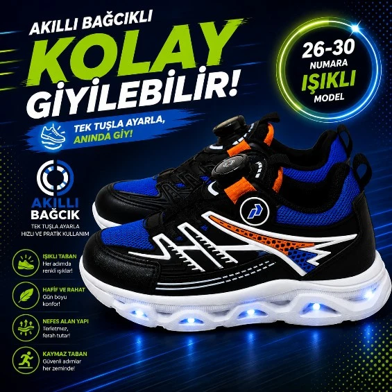 PROMAX AKILLI BAĞCIKLI IŞIKLI ÇOCUK SPOR AYAKKABI SİYAH-SAX 26-30 KOLAY GİYİLEBİLİR ürün görseli 1